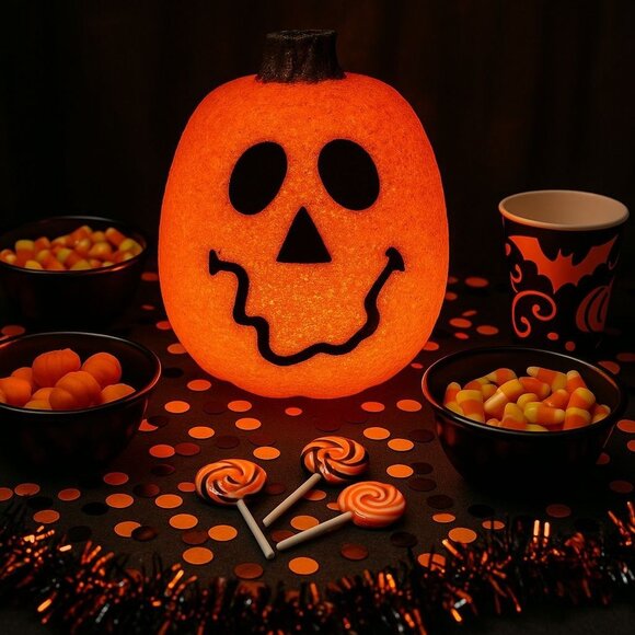 Vintage Halloween Pumpkin Light Retro 80s  Melted Popcorn Spooky Fall Decor - Picture 1 of 14